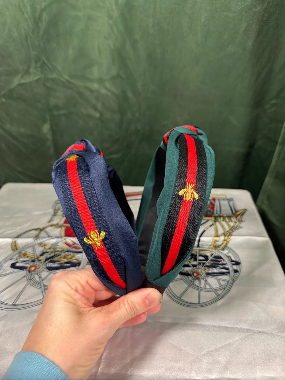 Set of 2 Striped Knot Headbands in Green/Black/Red and Navy/Red